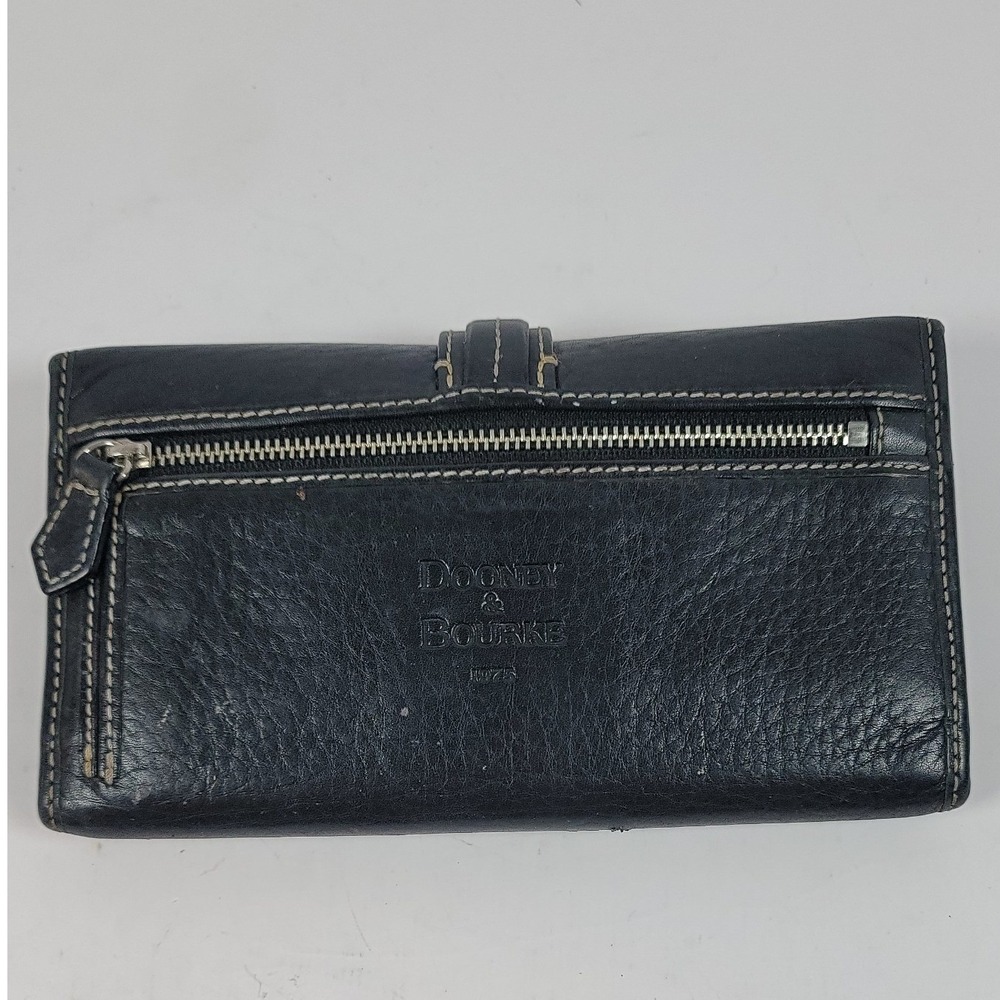 Dooney & Bourke Black Pebbled Leather Trifold Wallet Contrast Stitch Snap Tab